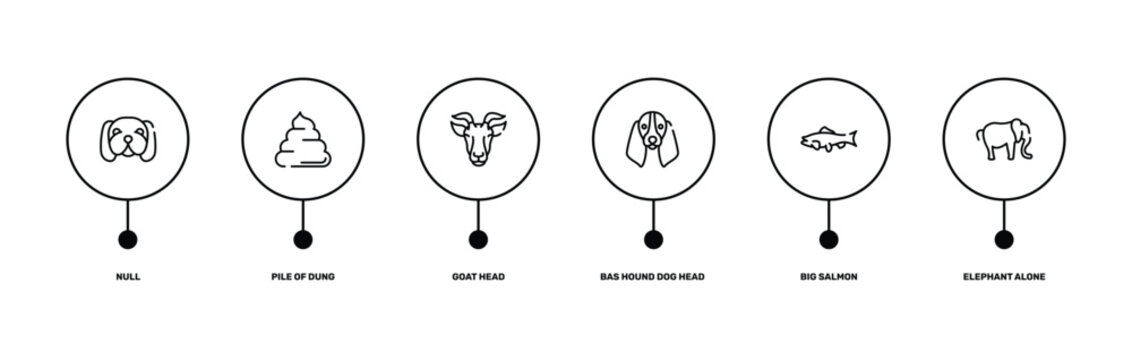 free animals outline icon set featuring null, pile of dung, big salmon, elephant alone icons.