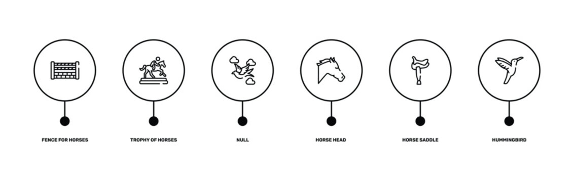 nature lineal pack outline icon set featuring fence for horses jumps, trophy of horses races, horse saddle, hummingbird icons.