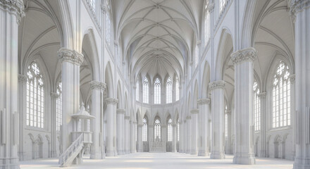 Fototapeta premium Grand interior view of white stone gothic cathedral with tall vaulted ceilings columns and intricate architectural detail.