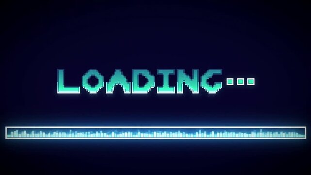 Static shot of pixelated loading text and progress bar filling with pulsing neon glow on dark screen centered retro interface animation