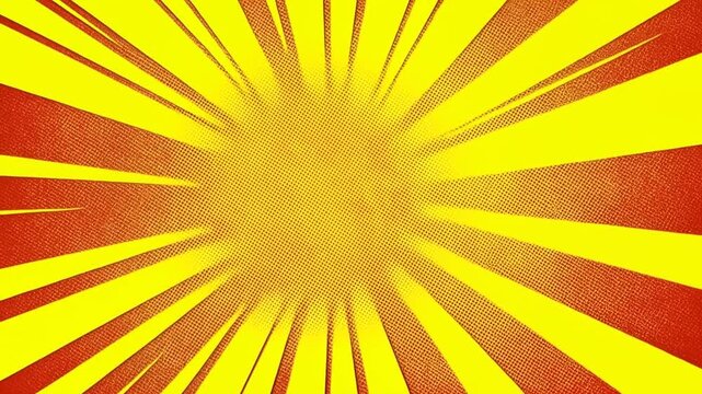 Zooming shot of comic sunburst rays expanding and radiating on retro pop art halftone background illustration in vibrant yellow and red textured radial pattern