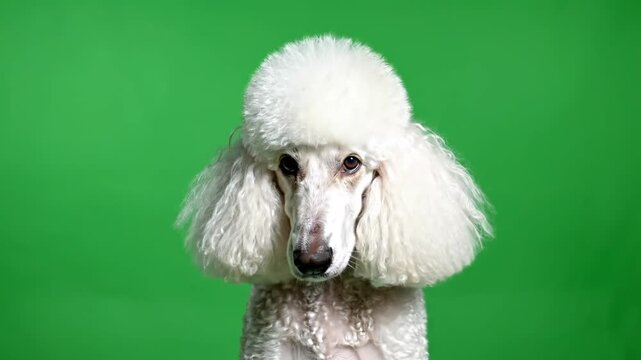 A white poodle dog looking directly into the video camera lens on a green background