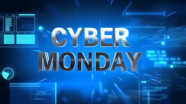 Tracking dolly zoom of chrome 3d cyber monday text emerging and pulsing with digital interface elements in blue virtual screen background for online promotional display