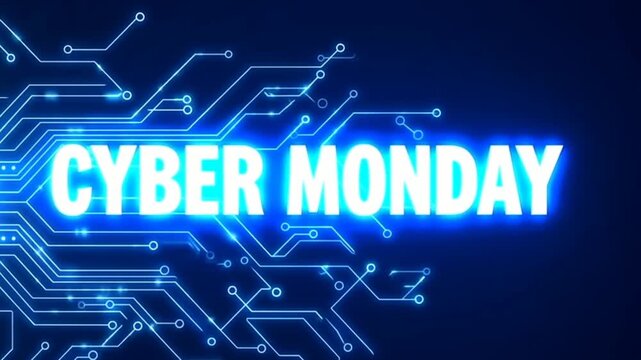 Slow zoom of glowing cyber monday text with circuit board lines pulsing and expanding across dark digital tech background for promotional online sale banner