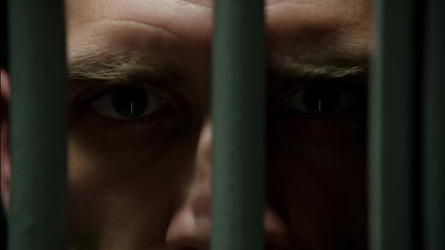 Static close up shot of man peering through prison bars pressing face against cell interior conveying tense confinement at night