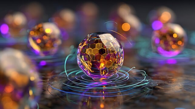 quantum qubit array organized in floating hexagonal matrix, each qubit represented by translucent smoky quartz crystal sphere with luminous core in amber and magenta tones