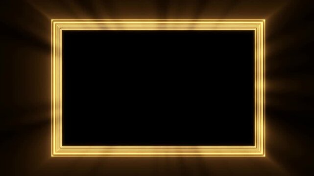Slow panning shot of glowing gold rectangular frame shifting across dark studio background with soft radial light rays and vignette