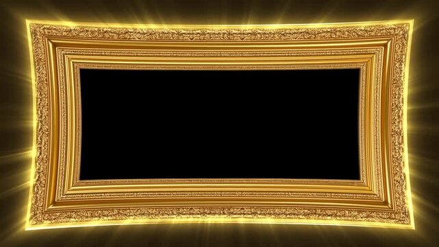 Panning shot of ornate gold picture frames glowing on dark gallery wall with slow reveal and shimmering light