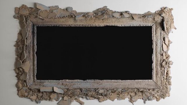 Panning shot of rectangular wall opening with crumbling plaster and rubble framing interior cavity in indoor construction renovation setting