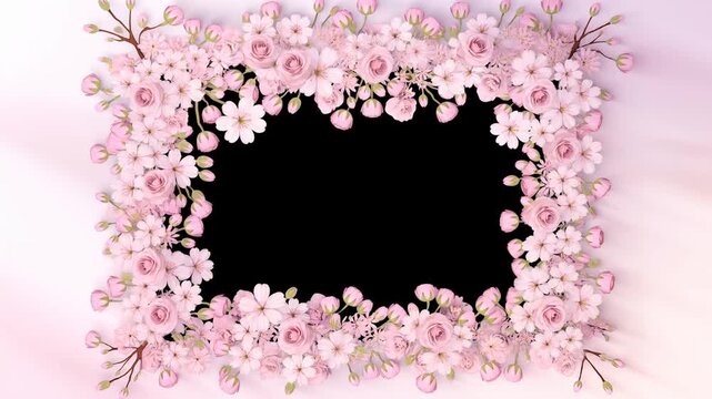 Slow zoom inward of floral frame featuring roses and cherry blossoms revealing black center on pastel background overhead studio flatlay