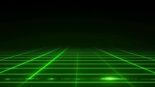 Tracking shot of neon grid floor receding into dark horizon in retro digital landscape with converging perspective lines