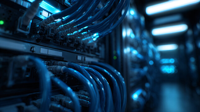 Server rack cables connecting hardware equipment in data center, processing digital information for cloud computing infrastructure Concept of global network security, high speed internet, and modern t