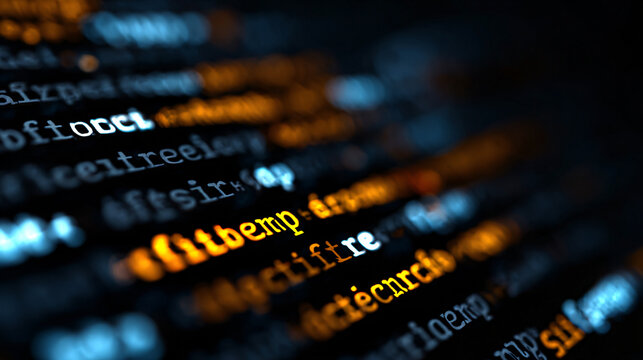 Computer code text displaying programming language on screen, showing software development process Abstract digital background with glowing syntax, data analysis, and web technology concept for IT pro