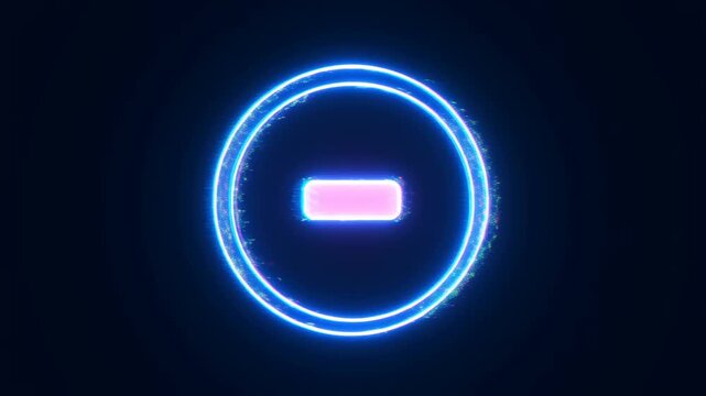 Static shot of neon ring forming around glowing rectangle minus sign on dark digital interface screen center looping animated reveal