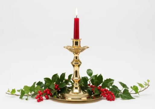 Elegant brass candelabrum with red candle and greenery