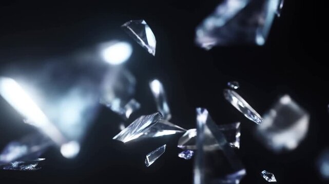 Slow motion close up of glass shards tumbling and floating in dark studio isolated on black background with cinematic lighting and glinting highlights