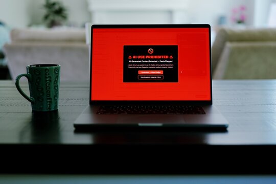 Older male university student receives alert warning notification for violating academic integrity policies by using AI chatbot for assignment concept