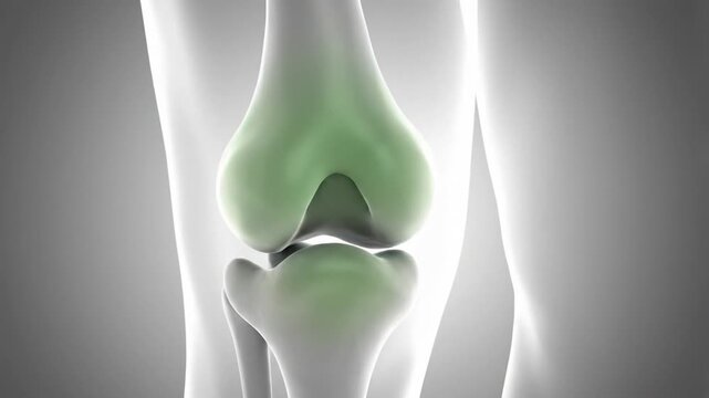 3D medical illustration of human knee joint showing pain inflammation and osteoporosis