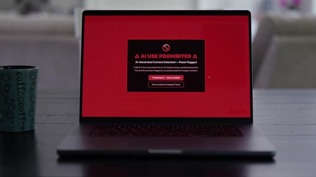 Older male university student receives alert warning notification for violating academic integrity policies by using AI chatbot for assignment concept