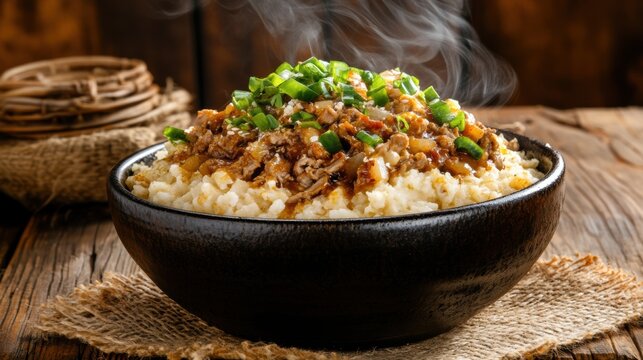 Steaming bowl of nyama choma and ugali on wooden table with warm light Generative AI