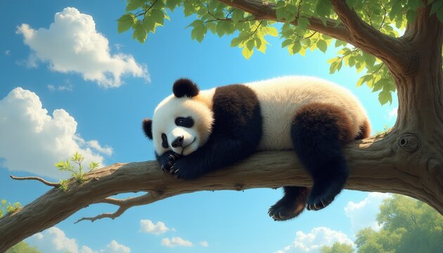 Fluffy panda bear rests on tree branch. Cute mammal naps in sunlight under green leaves and blue sky. Animal enjoys nature outdoors peacefully. Adorable giant panda relaxes high up.