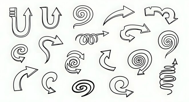 Collection of Hand-Drawn Arrow Icons and Symbols, Featuring Swirls, Curls, and Straight Designs for Visual Direction and Navigation