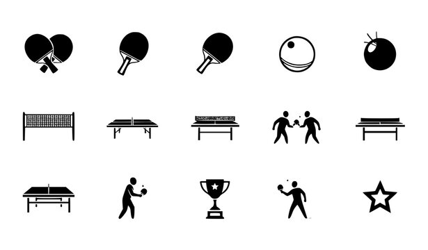 Table Tennis Ping Pong Icon Set Featuring Paddles Balls Tables Players Trophy and Sports Equipment Symbols for Game, Competition, and Recreation Designs