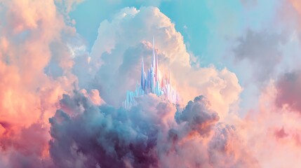 Naklejka premium Fantasy castle in the clouds, magical kingdom in the sky, dreamy landscape with pastel colors and soft lighting, surreal scenery with misty atmosphere and blue sky