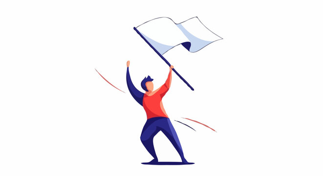A person triumphantly waving a white flag against a clean backdrop, symbolizing surrender, peace, or victory