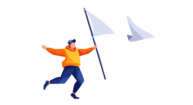 A man joyfully waving a white flag, symbolizing surrender or truce in a clear sky