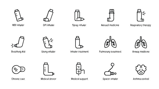Black icons of various types of inhalers and respiratory medical devices