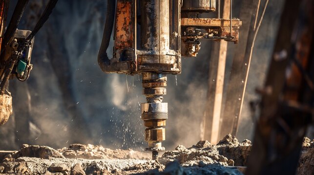 Construction site featuring high tech unbranded hydraulic drilling equipment installing deep foundation micro pile into rocky terrain High pressure water slurry visible drill entry point Industrial