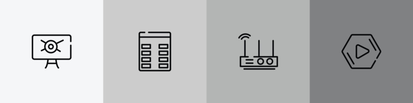 computer and media outline icon set featuring computer virus, spreadsheet column, wireless lan router device, media play icons.