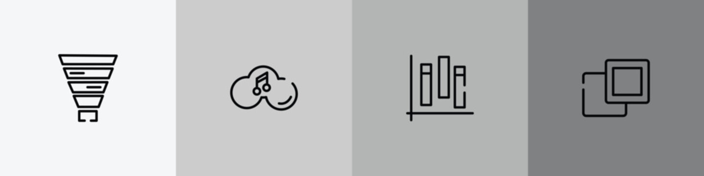 computer and media outline icon set featuring funnel chart, music on cloud, chart of columns, 2 squares icons.