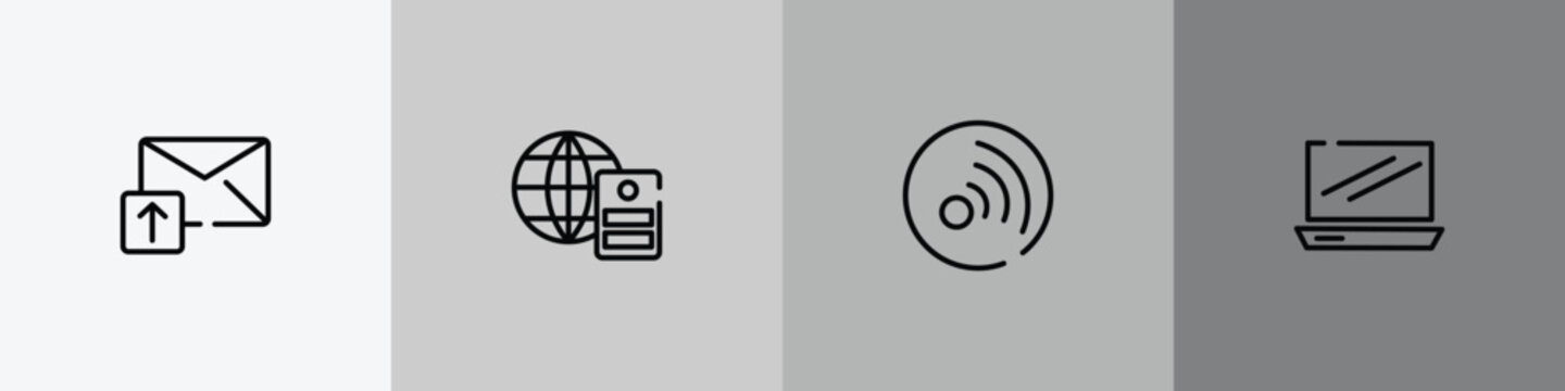 modern screen outline icon set featuring email upload, server with the earth, rss updates subscription, laptop frontal opened view icons.