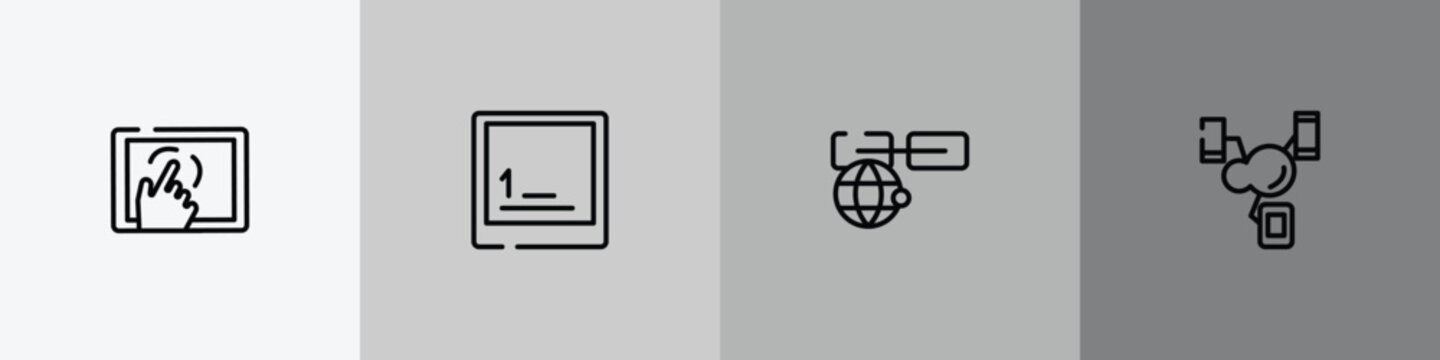 cloud computing outline icon set featuring cellphone in a hand, keyboard key 1, link on internet, synchronized devices icons.
