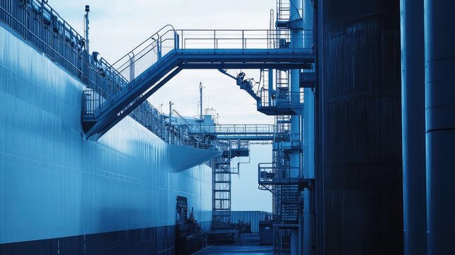 Large cargo ship docked at an industrial port terminal, connecting to the storage facilities with a loading arm and pipelines, highlighting global energy transport infrastructure