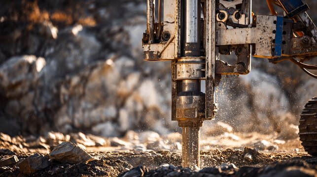 Construction site featuring high tech unbranded hydraulic drilling equipment installing deep foundation micro pile into rocky terrain High pressure water slurry visible drill entry point Industrial