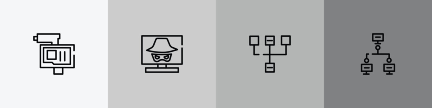 computer outline icon set featuring online robbery, hacking, sitemap, local network icons.