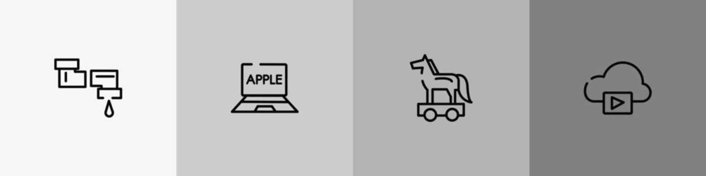 computer technology outline icon set featuring pipeline, laptop computer, trojan horse, storage media icons.
