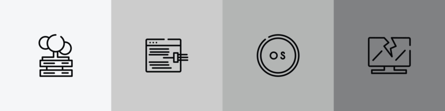 computer icons outline icon set featuring cloud servers, code injection, operating system, broken laptop icons.