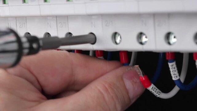 Connecting electrical wires with metal tips with a screwdriver in an electrical switchboard. Close-up.