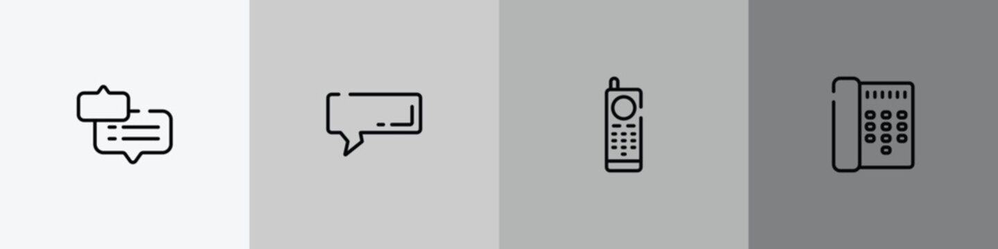 history of phones outline icon set featuring chat bubble with ellipsis, rectangular speech bubble, first commercial phone, call director phone icons.