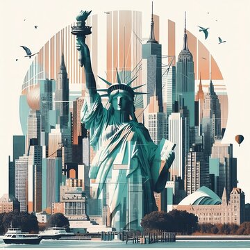 Statue of Liberty and New York, cityscape double exposure contemporary style minimalist artwork collage illustration for social media poster ads created with generative ai