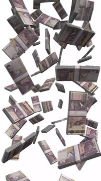 Vertical Cambodia Money, Falling Cambodian Riel Bills, Cash Stacks Isolated on White, 4K