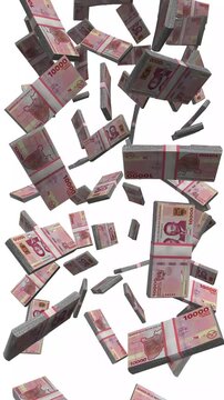 Vertical Burundi Money, Falling Burundian Franc Bills, Cash Stacks Isolated on White, 4K