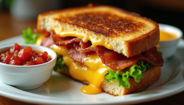 Close-up of a grilled cheese sandwich with bacon and lettuce. Served with a side of tomato salsa and cheese dip. Toasted bread and melted cheese create a tempting meal.