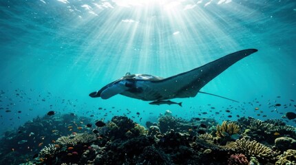 Fototapeta premium Majestic Manta Ray Gliding Through Deep Blue Ocean Water