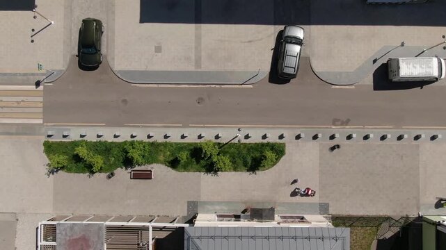 Top down drone shot of urban street scene