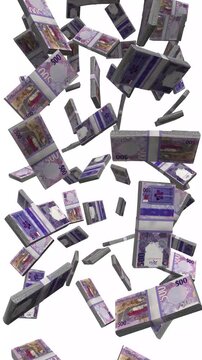 Vertical Qatar Money, Falling Qatari Riyal Bills, Cash Stacks Isolated on White, 4K